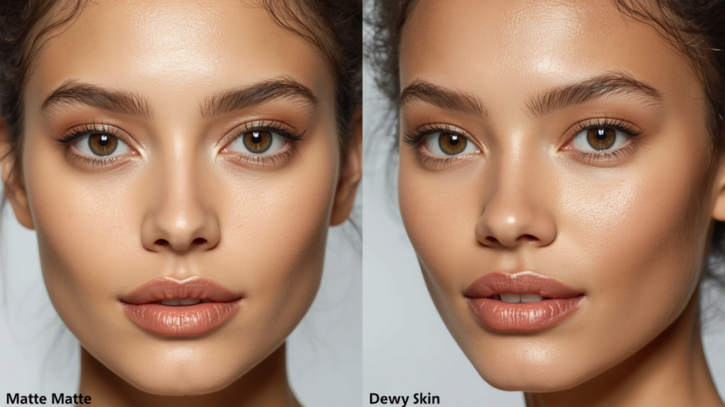 Side by side comparison of matte makeup finish versus a dewy skin glow.