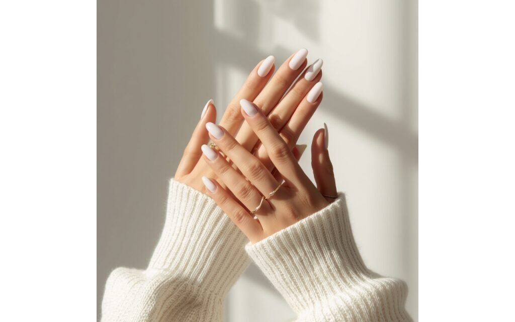 Clean milky white oval-shaped nails on hands wearing a white cable knit sweater.