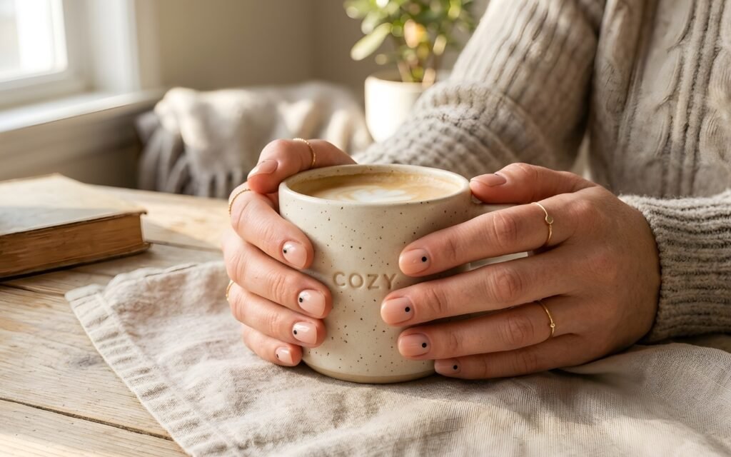 Minimalist nail art featuring a single black dot on nude nails holding a coffee mug.