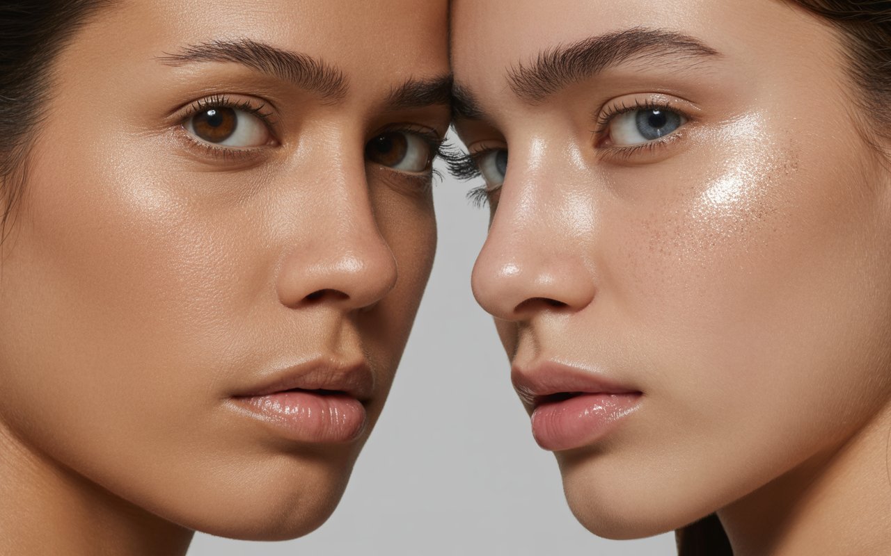 Side-by-side portrait showing bronzer and highlighter swatches on the cheeks of a platinum blonde and a brunette model
