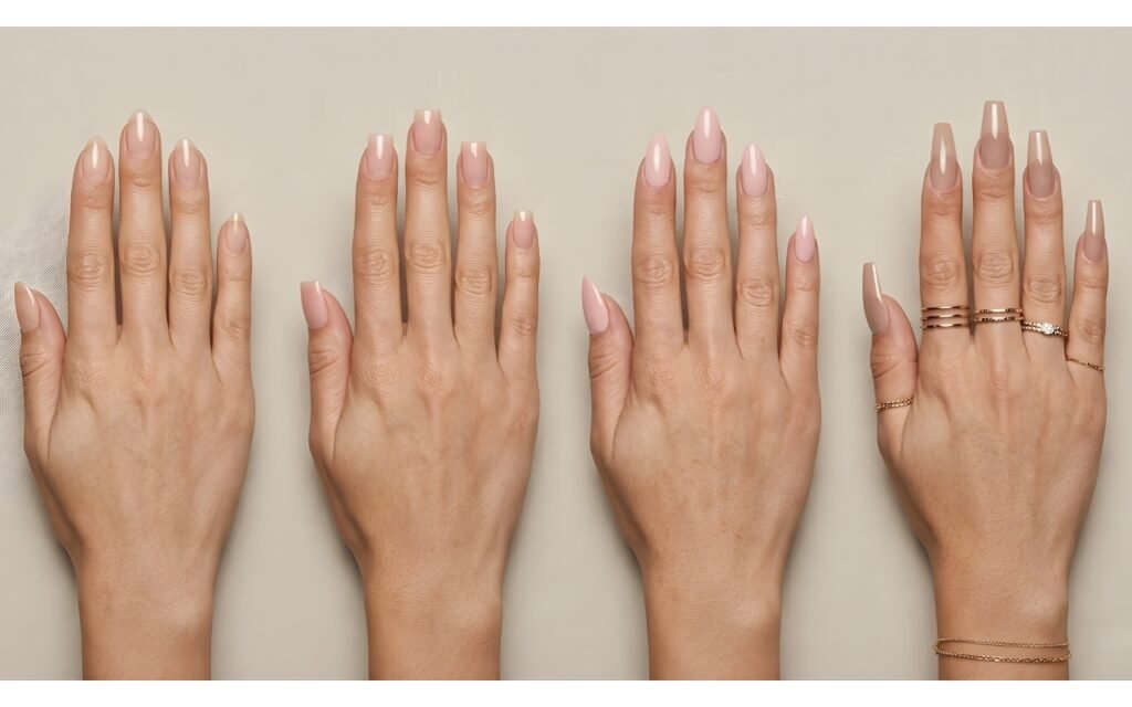 A comparison of different nail shapes including round, square, almond, and coffin.