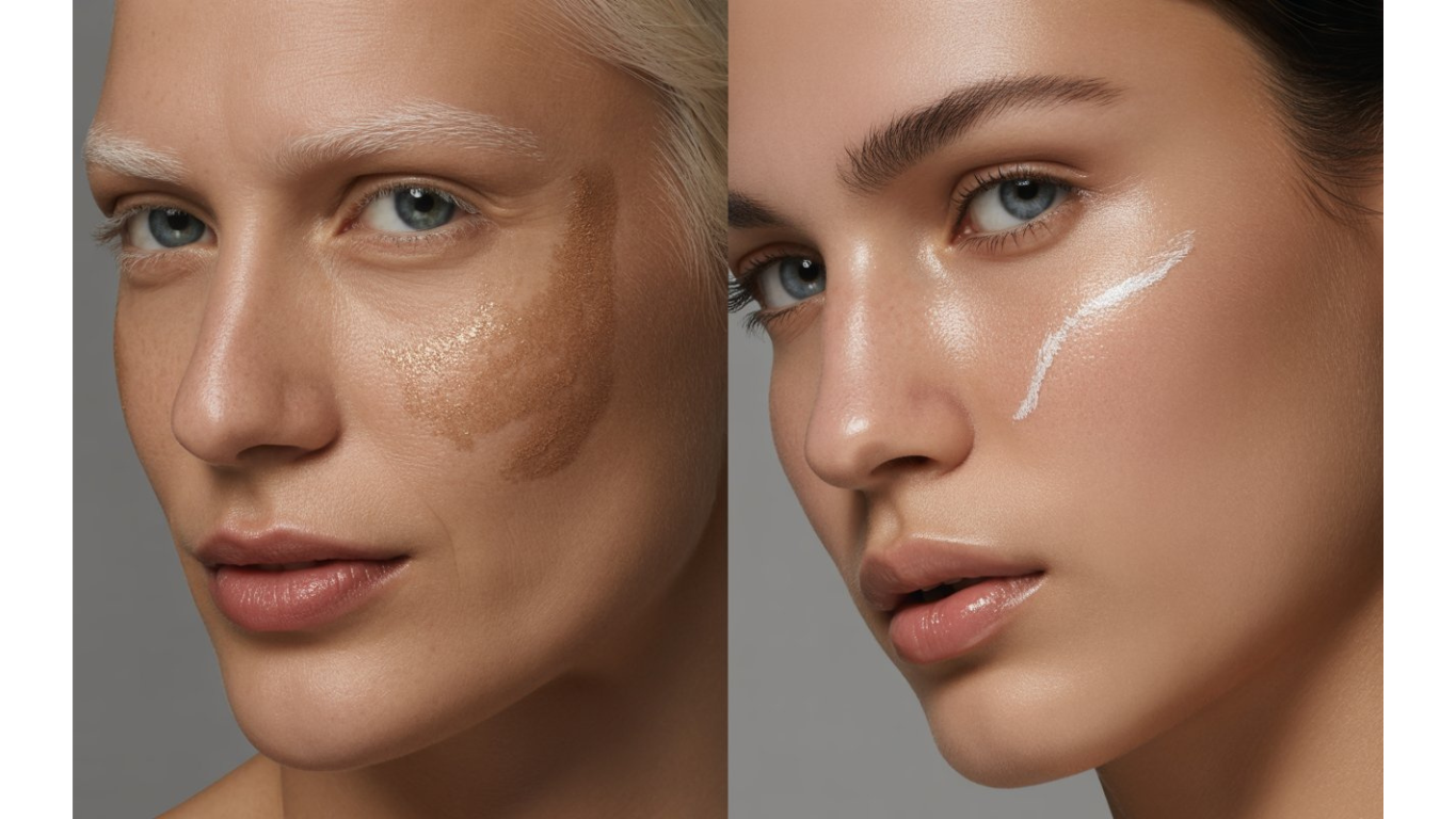 Luminous, dewy skin makeup on a model with blue eyes and a "skinimalism" look, showcasing textured high-shine highlights