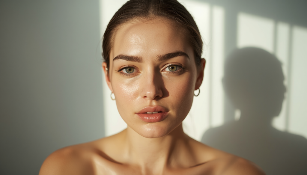 Close-up portrait of a woman with freckles and green eyes in warm golden hour sunlight at an outdoor cafe.