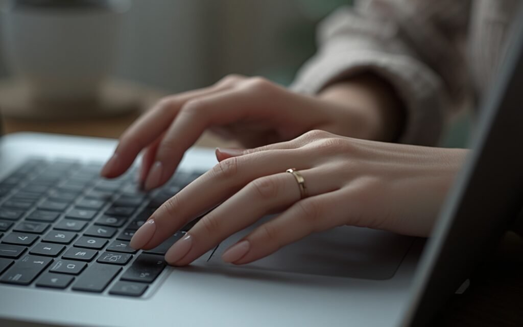 Natural nude manicure on hands typing on a silver laptop keyboard.