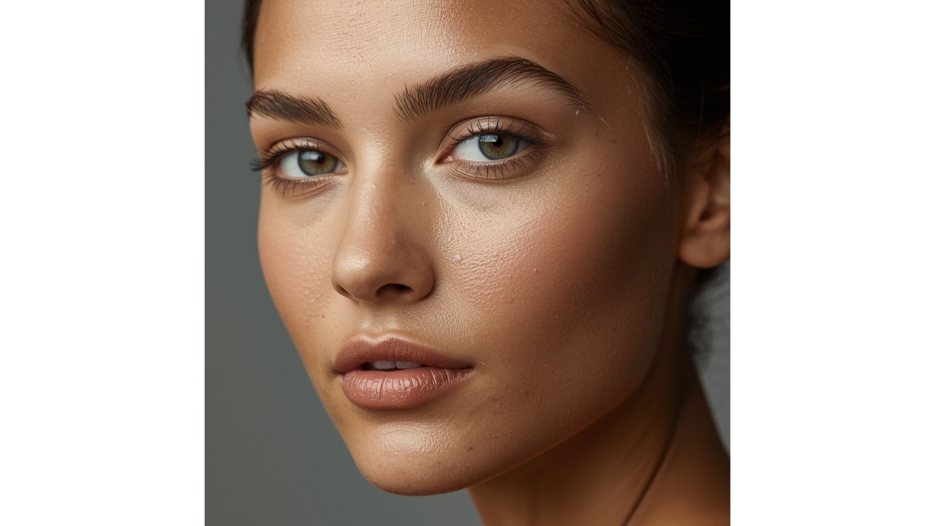 Macro portrait showing real skin texture and pores with a skin imagism natural makeup look and green eyes