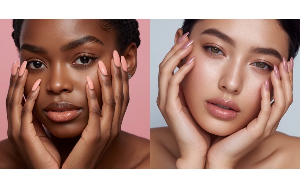 Comparison of neutral pink and mauve nail polish on different skin tones.