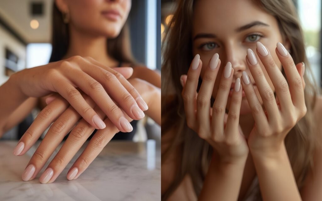Close up of a woman with elegant nude almond-shaped gel nails.