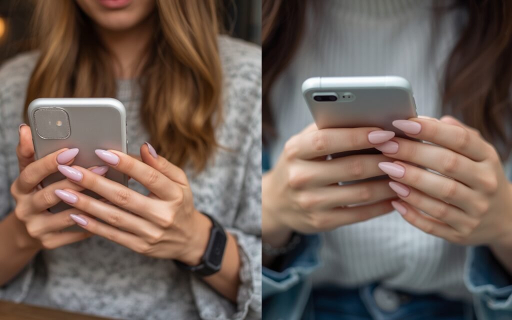 Soft nude almond nails on a woman holding a smartphone in a lifestyle setting.