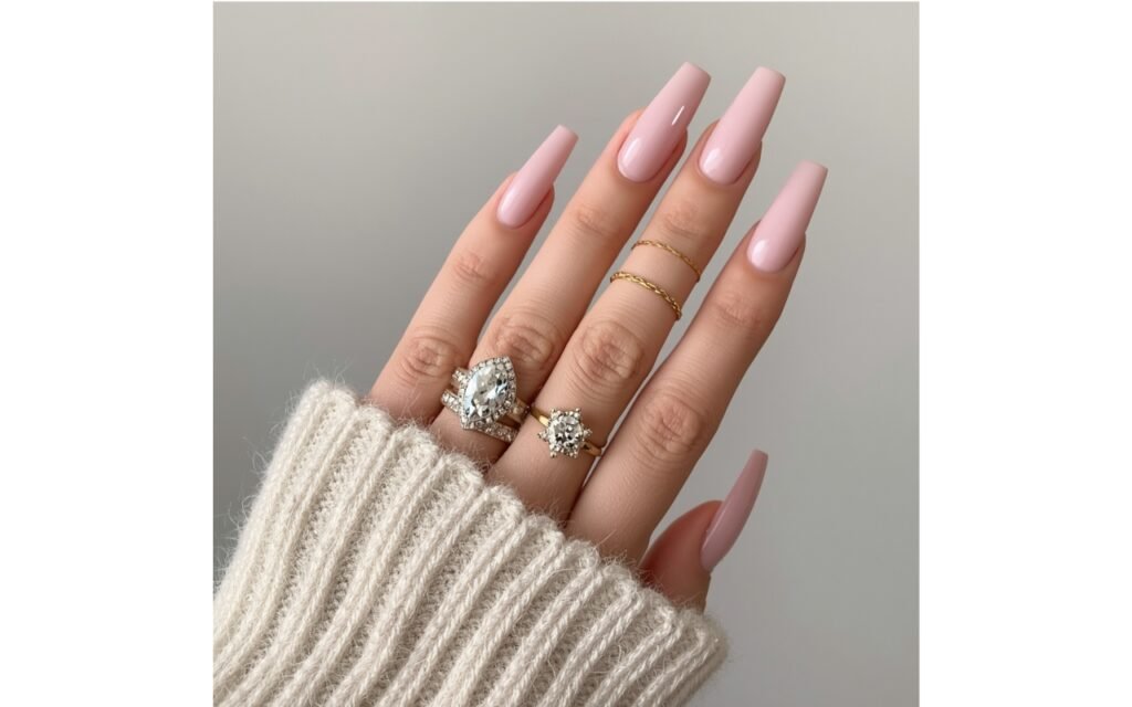 Long glossy pink coffin-shaped nails featuring luxury diamond engagement rings.