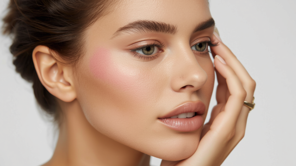 Woman applying a soft pink cream blush to the apple of her cheek for a natural flush.
