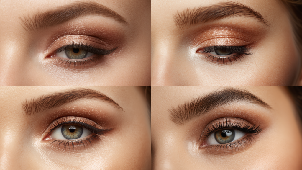 Collage showing four different angles of bronze shimmer eyeshadow and winged eyeliner.