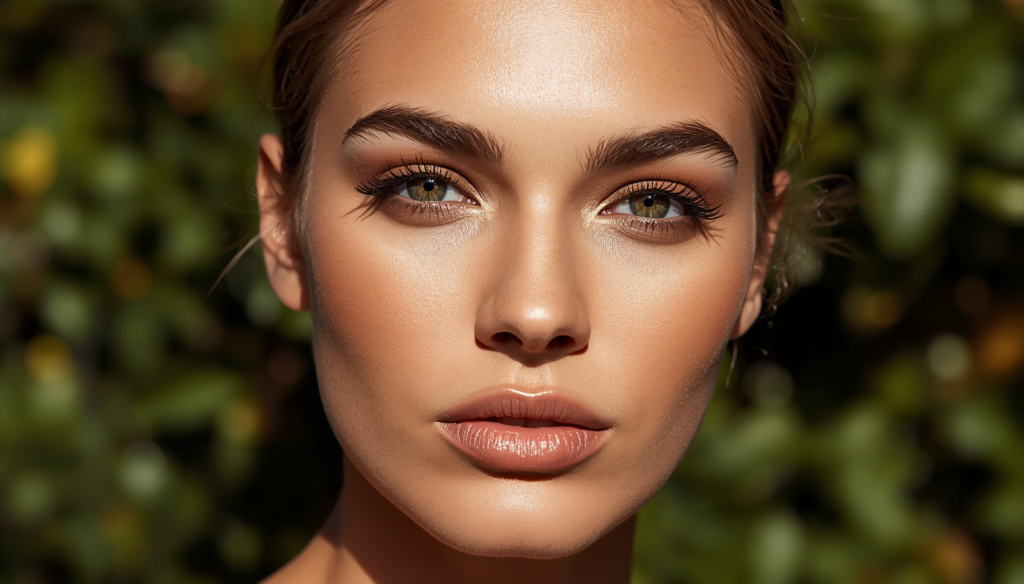 High-definition beauty portrait of a woman with golden eyeshadow and bronzed skin, illustrating professional summer makeup tips for a sun-kissed glow.