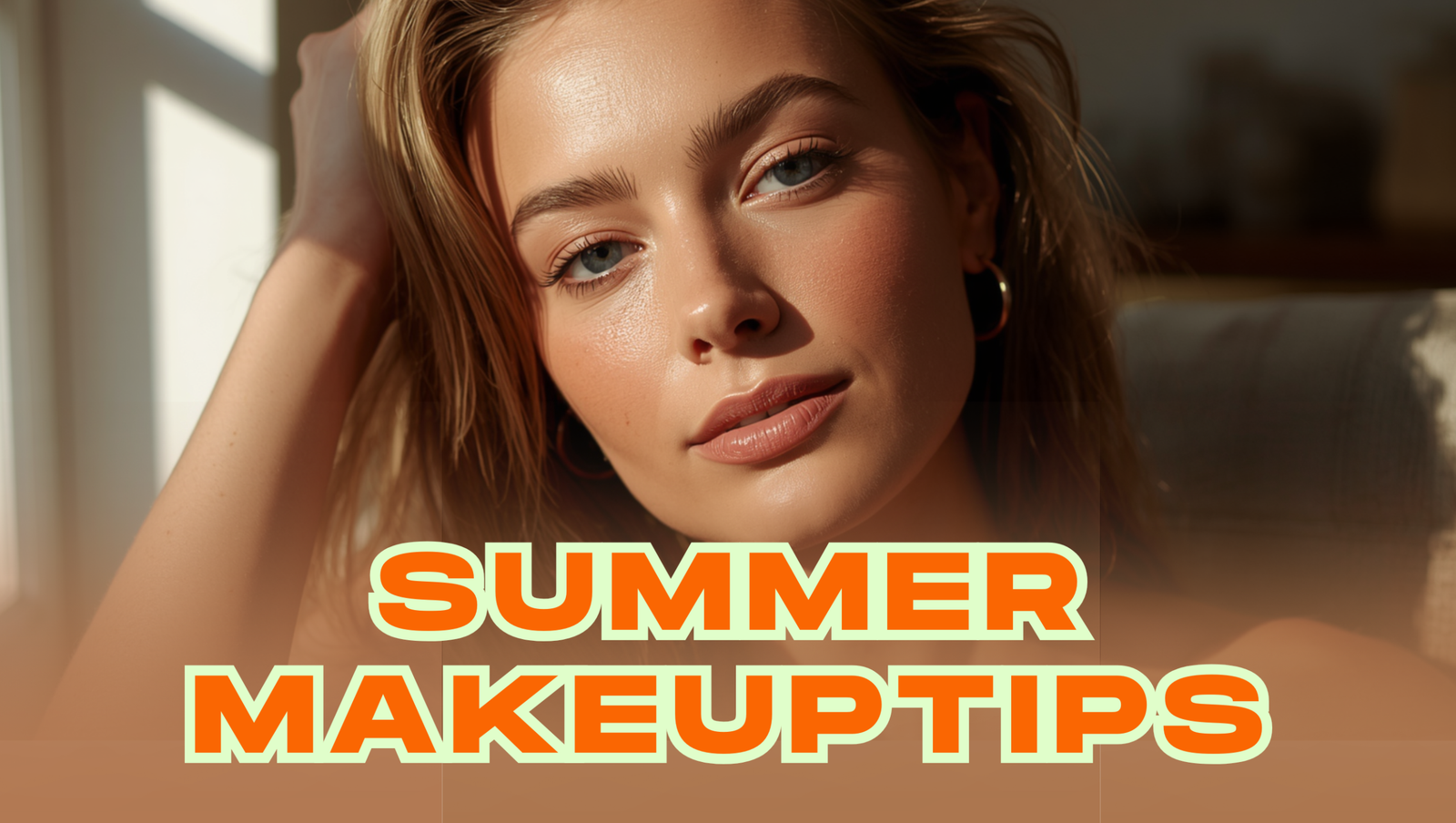 Title graphic for summer makeup tips featuring a blonde woman with a sun-kissed glow and blue eyes in warm sunlight.