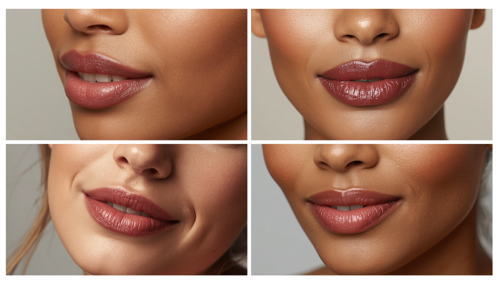 A collage of four close-up shots showing different shades of glossy mauve and nude lipstick on various skin tones, highlighting essential summer makeup tips for glowing lips.