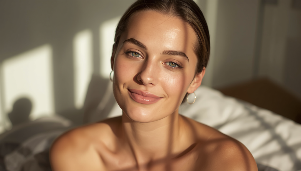 Smiling woman with glowing skin and green eyes wearing silver hoop earrings, demonstrating natural summer makeup tips in soft window light.
