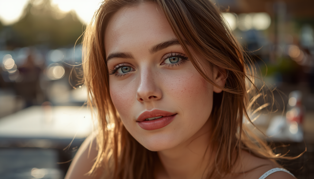 Close-up of a woman with freckles and green eyes in golden hour light, showing off glowing summer makeup tips for a natural outdoor look.