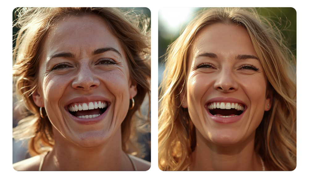Side-by-side photo comparison showing a natural smile with freckles and crow's feet vs. a smooth, filtered portrait, illustrating summer makeup tips for flawless skin.