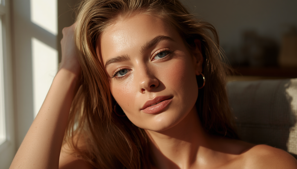 Using "blonde woman" and "blue eyes" helps the image appear in specific aesthetic searches while the keyword "summer makeup tips" handles the intent-based traffic.