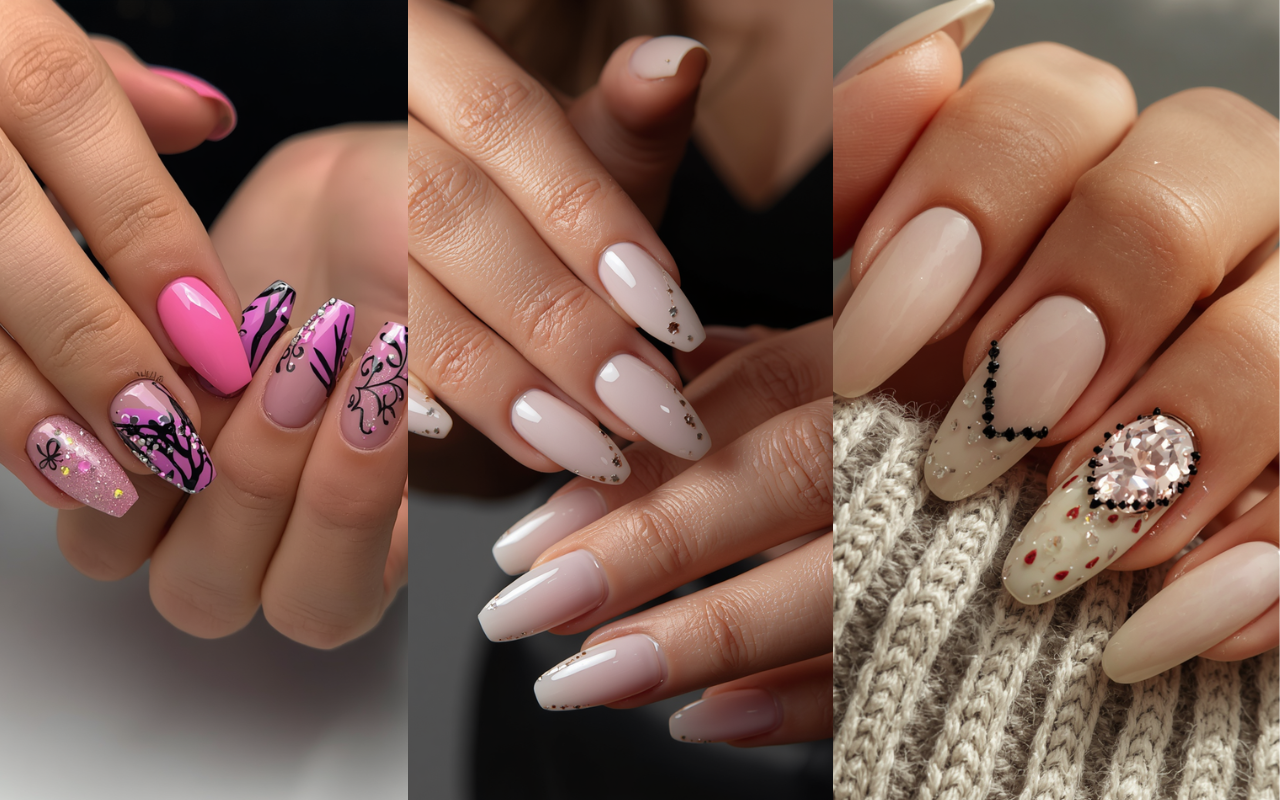 A collection of trendy nail art and manicure styles including nude almond, pink coffin, and chrome stiletto shapes, featuring floral designs, glitter accents, and a nail shape comparison guide.