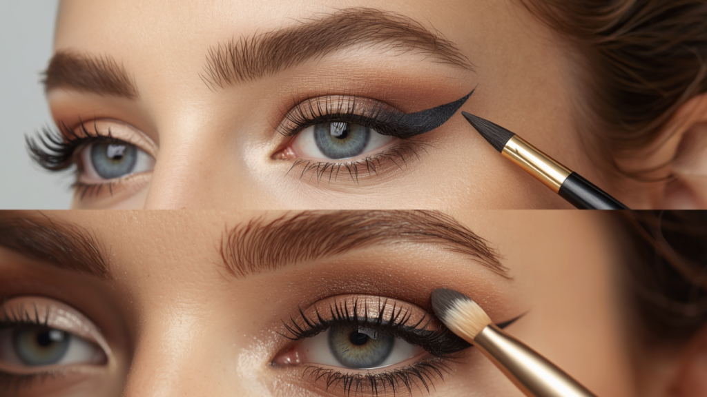 Dual view showing the application of sharp winged eyeliner and blending brown eyeshadow.
