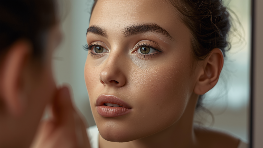 Close up of a woman looking at her clear skin texture in a mirror.