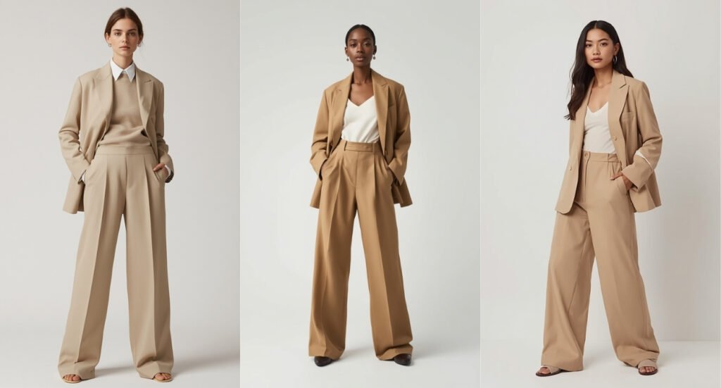 Fashion models in monochromatic beige power suits and wide-leg trousers for a professional spring look