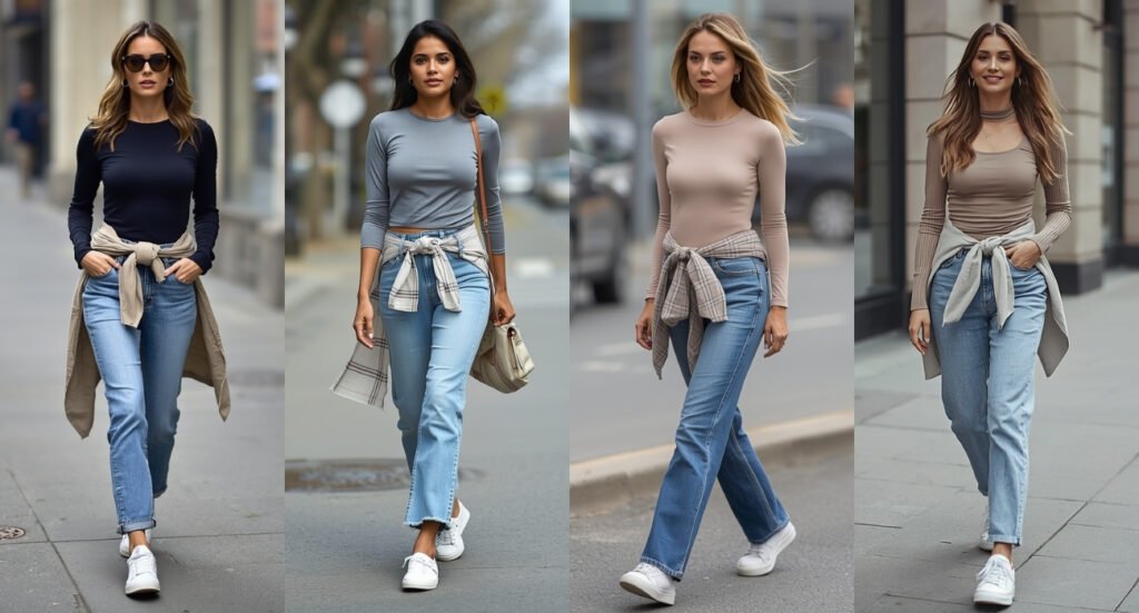 Models showcasing casual April street style with long-sleeve tops, denim jeans, and light sweaters tied around the waist
