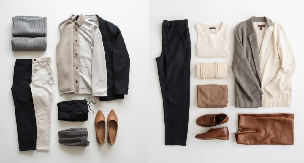 Organized flat lay of travel-friendly spring layers including a light blazer, cardigans, and versatile neutral basics