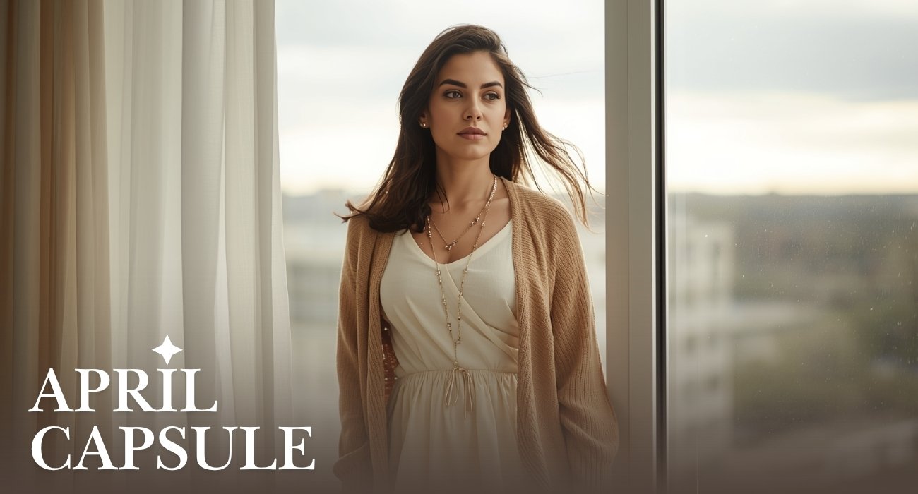 Woman in a beige cardigan and cream dress near a window with April Capsule text overlay for spring fashion guide