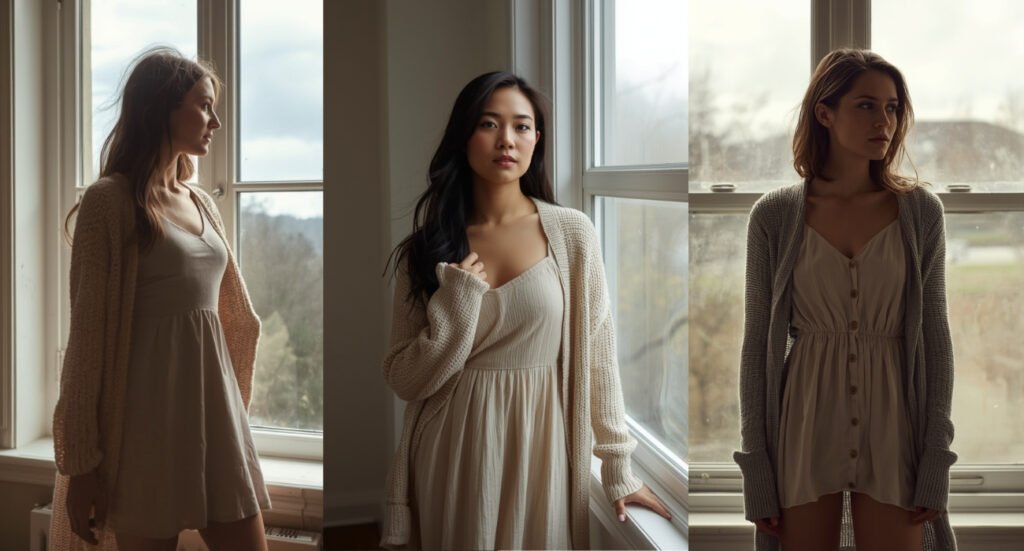 Women modeling layered spring outfits featuring neutral mini dresses and oversized cardigans for unpredictable weather