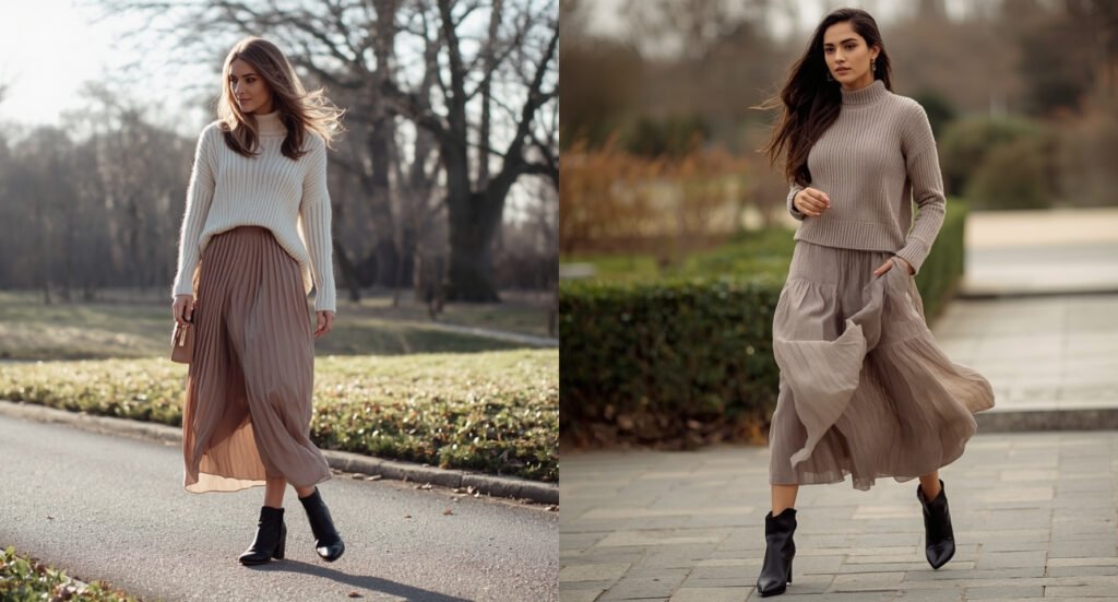 Women wearing pleated midi skirts with chunky turtleneck sweaters and black ankle boots for a chilly spring day