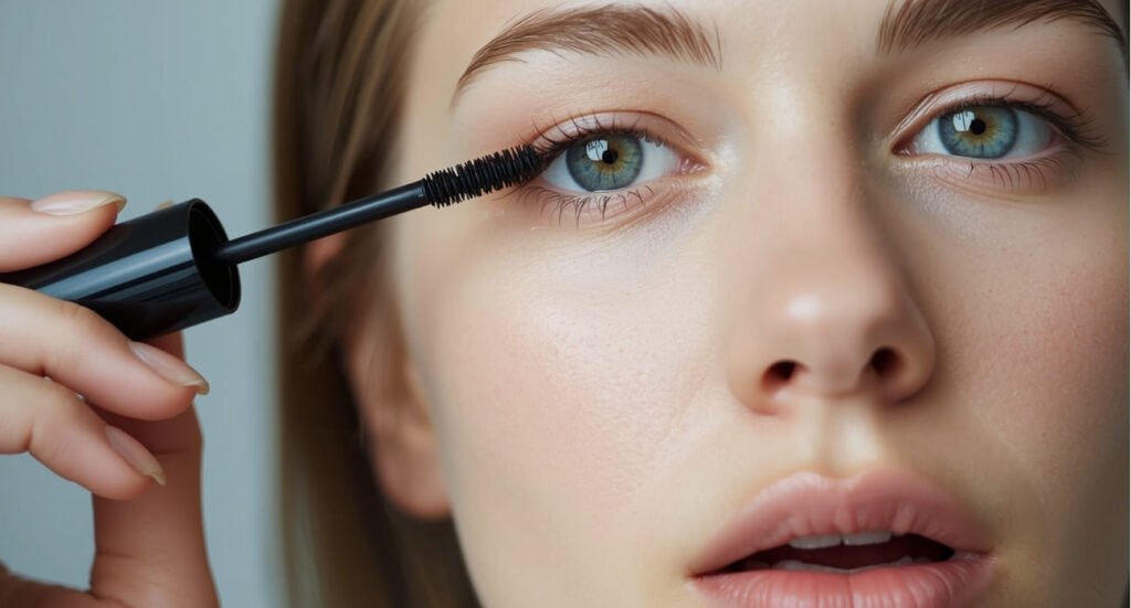 A woman applying black mascara to her upper lashes to create a long, voluminous lash look