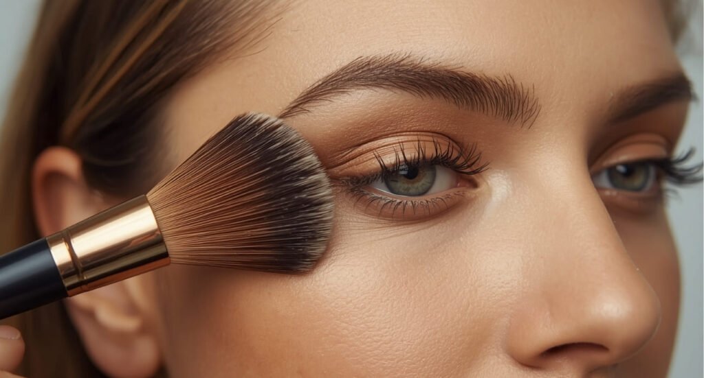 Close-up of a makeup artist applying warm brown eyeshadow to a woman's eyelid using a soft blending brush
