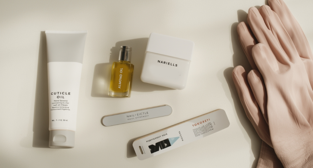 Woman applying nourishing yellow cuticle oil with a glass dropper during a home manicure.