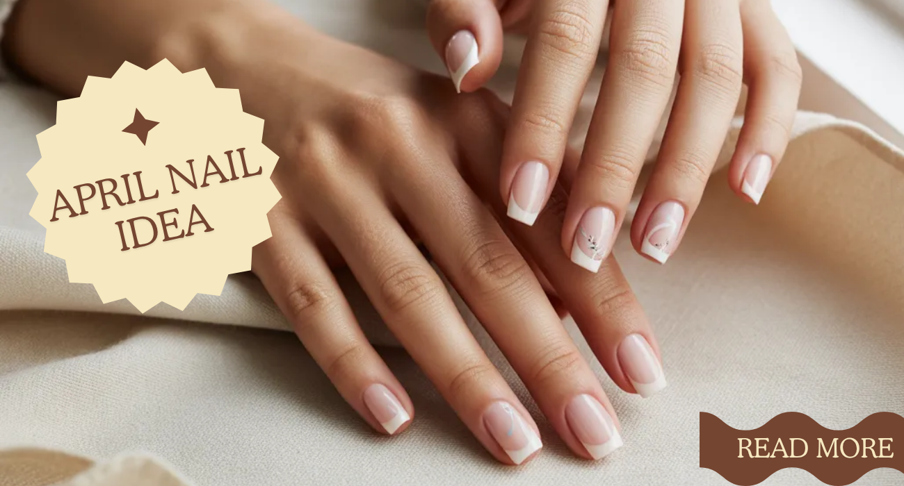 April nail design idea featuring a square-shaped French manicure with delicate silver and white floral accents on a neutral base