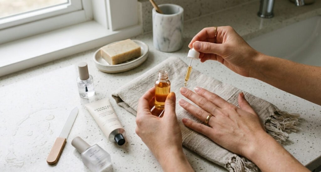 Person applying cuticle oil as part of an at-home manicure and nail care routine.