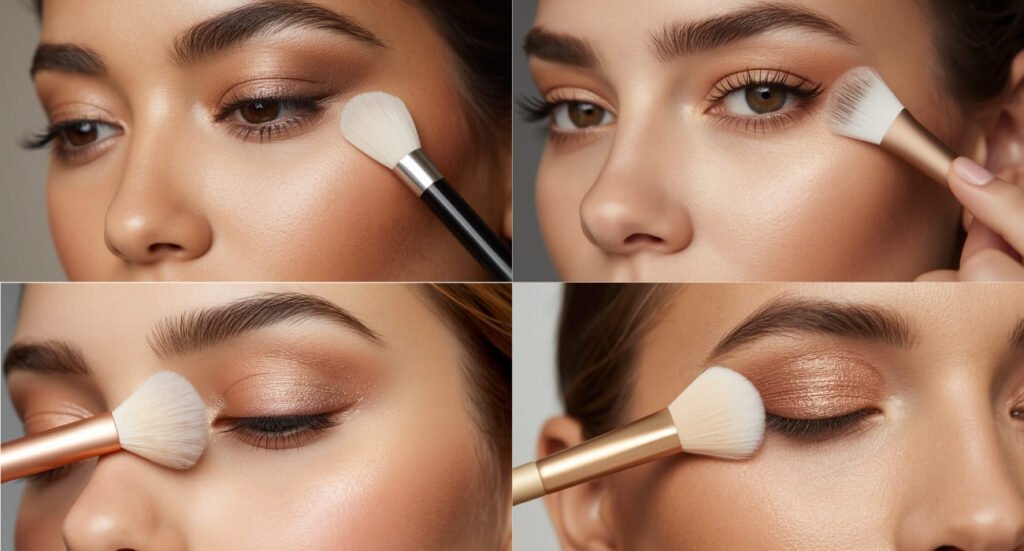 Grid showing the technique of blending eyeshadow and applying highlighter to the brow bone and inner corner of the eye.