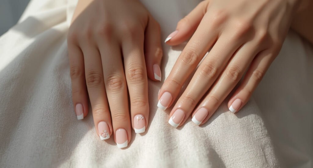 Classic French tip manicure on natural nails with delicate white floral nail art.