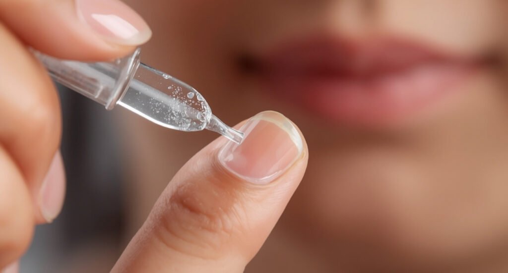 Macro shot of a person applying a clear liquid nail strengthener or growth treatment from a precision applicator bottle