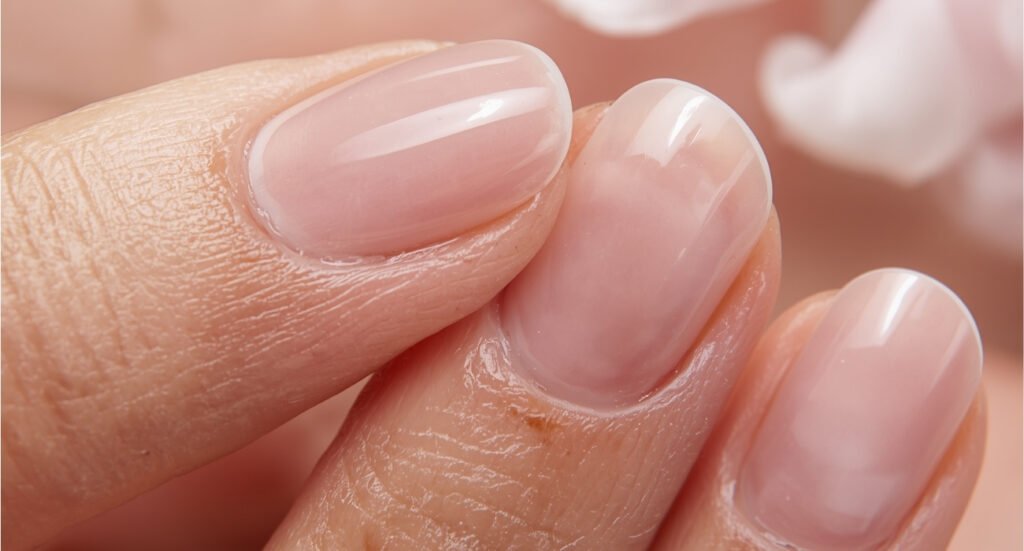 Extreme close-up of healthy, shiny natural pink fingernails with clean cuticles.