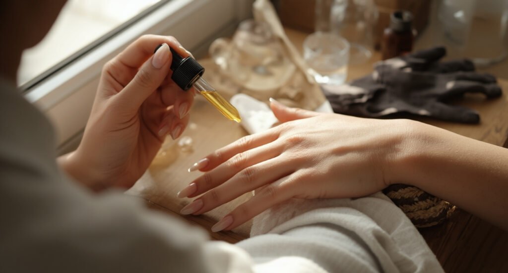 Professional nail care kit featuring almond oil, cuticle cream, nail files, and protective gloves on a beige background.