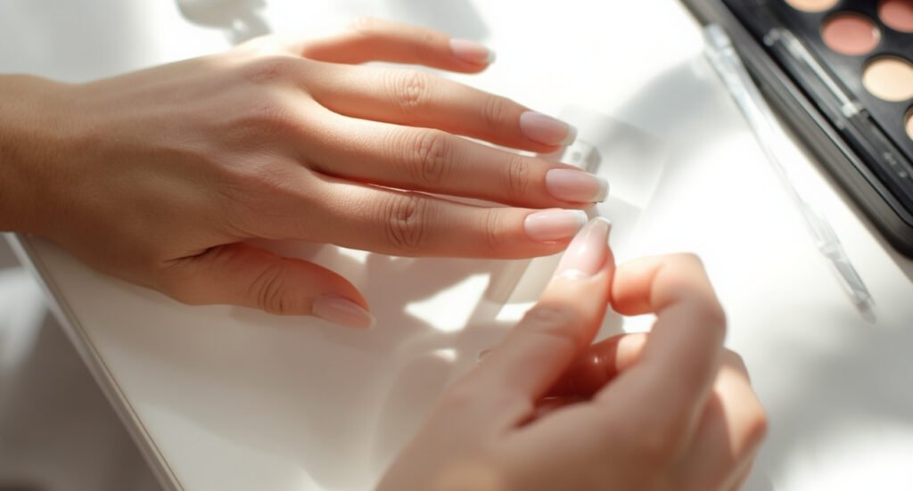 Close-up of a completed aesthetic French tip manicure on a clean white surface.