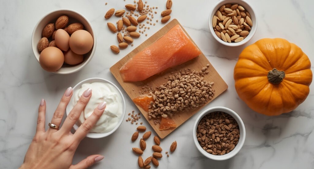 Flatlay of biotin-rich foods for nail health including eggs, salmon, almonds, pumpkin, and yogurt.