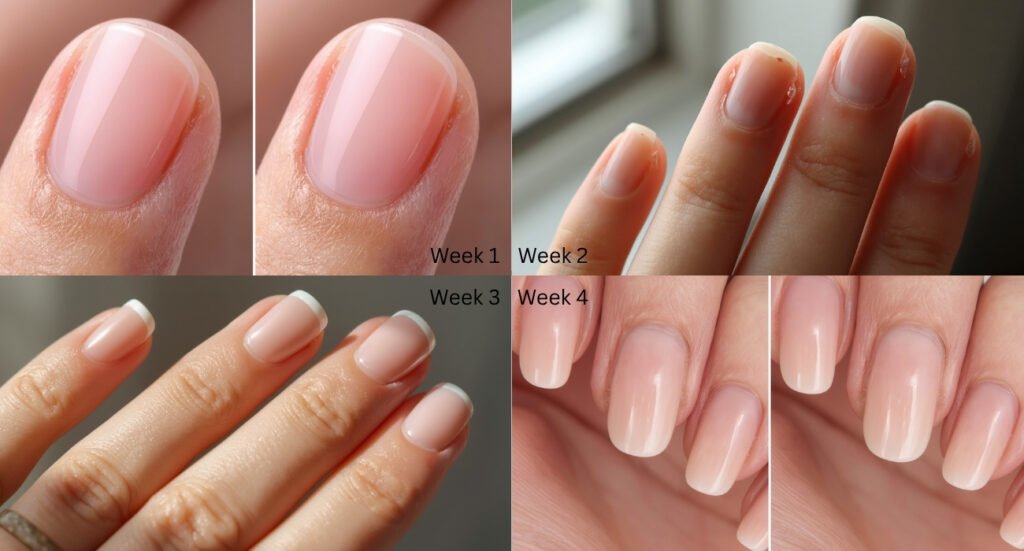 Grid showing a 4-week progression of natural nail growth and strength improvements.