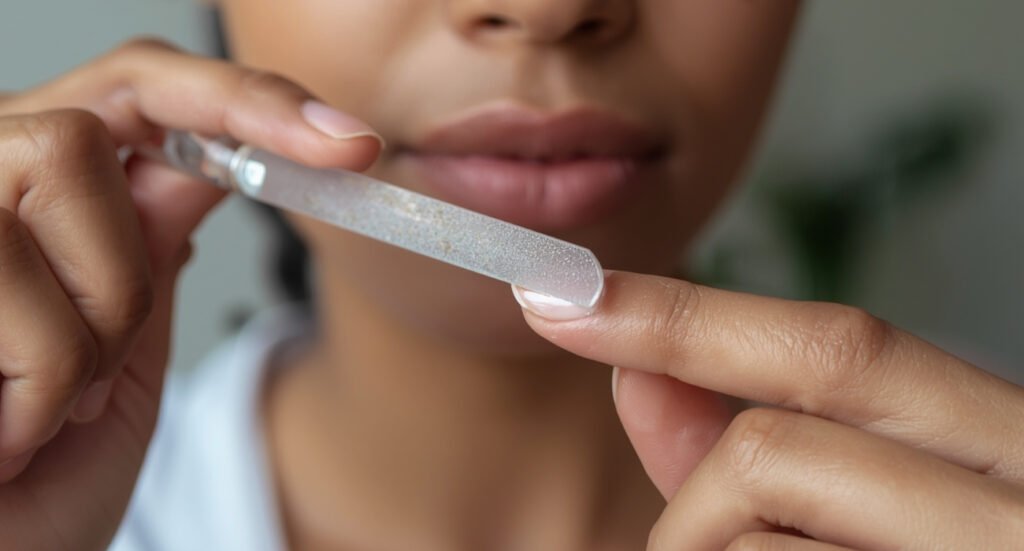 Close-up of a person using a crystal glass nail file to shape and smooth the edges of a natural fingernail