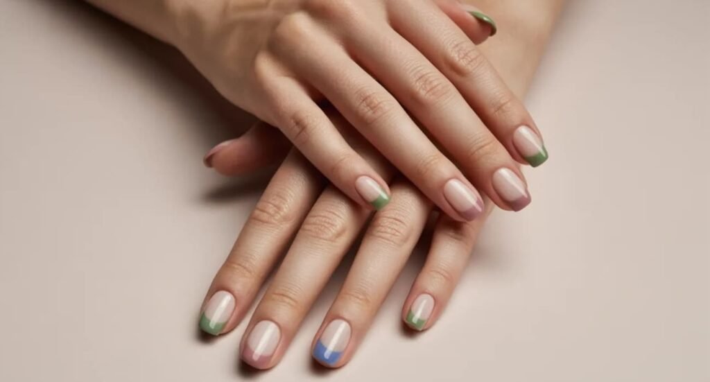 Modern French manicure featuring colorful tips in sage green, mauve, and dusty blue.