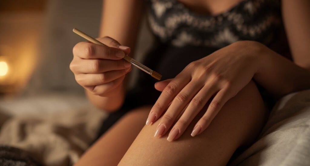 Close-up of a person using a thin brush to apply a strengthening treatment to their fingernails.