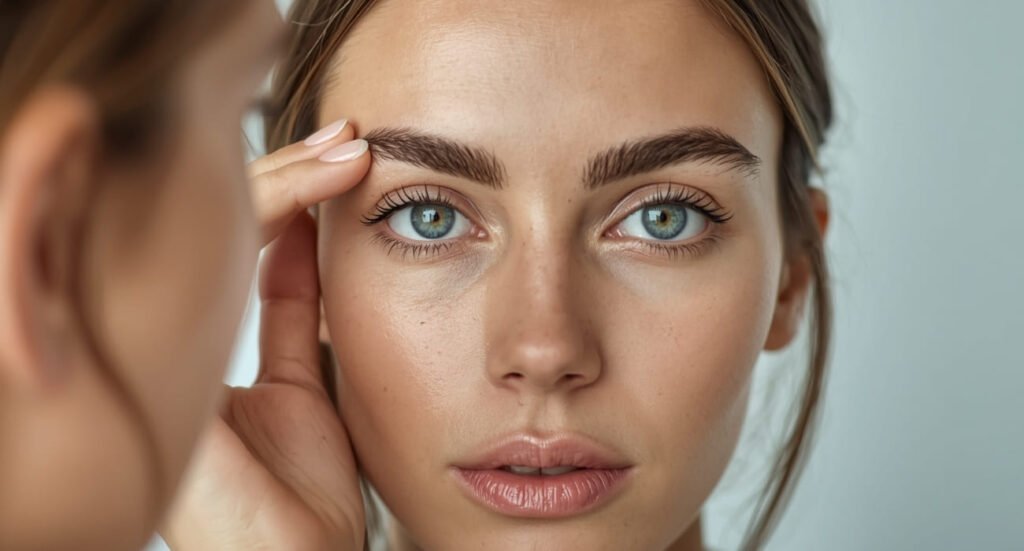 Close-up of a woman’s face showing natural eye makeup and perfectly groomed, thick eyebrows