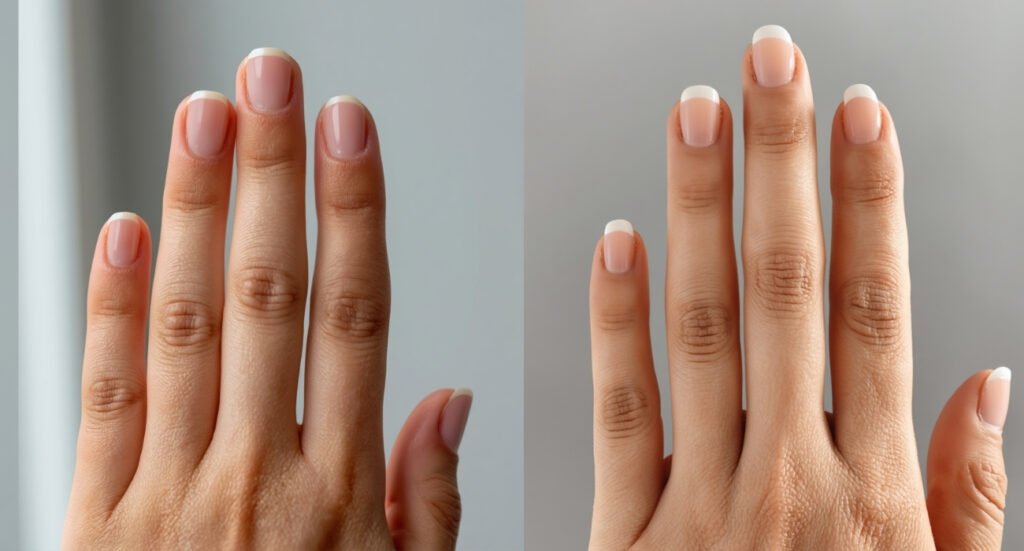 Side-by-side comparison of a natural French tip manicure showing healthy nail growth and clean cuticles at week one