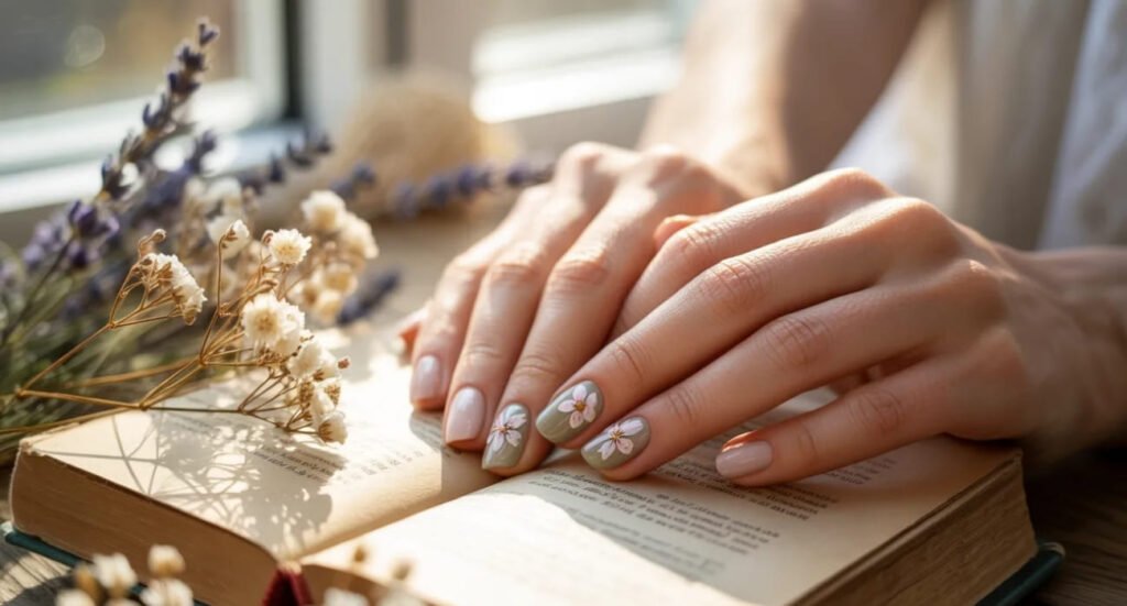 Close up of olive green nails with white flower nail art resting on an open book.